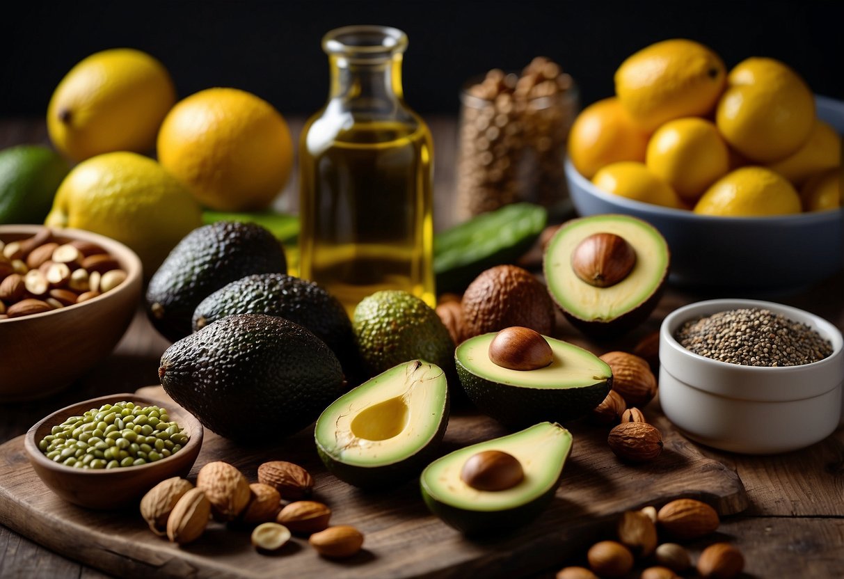 A spread of avocados, nuts, and olive oil on a table, surrounded by colorful fruits and vegetables. A bottle of fish oil supplements and a bowl of chia seeds complete the scene