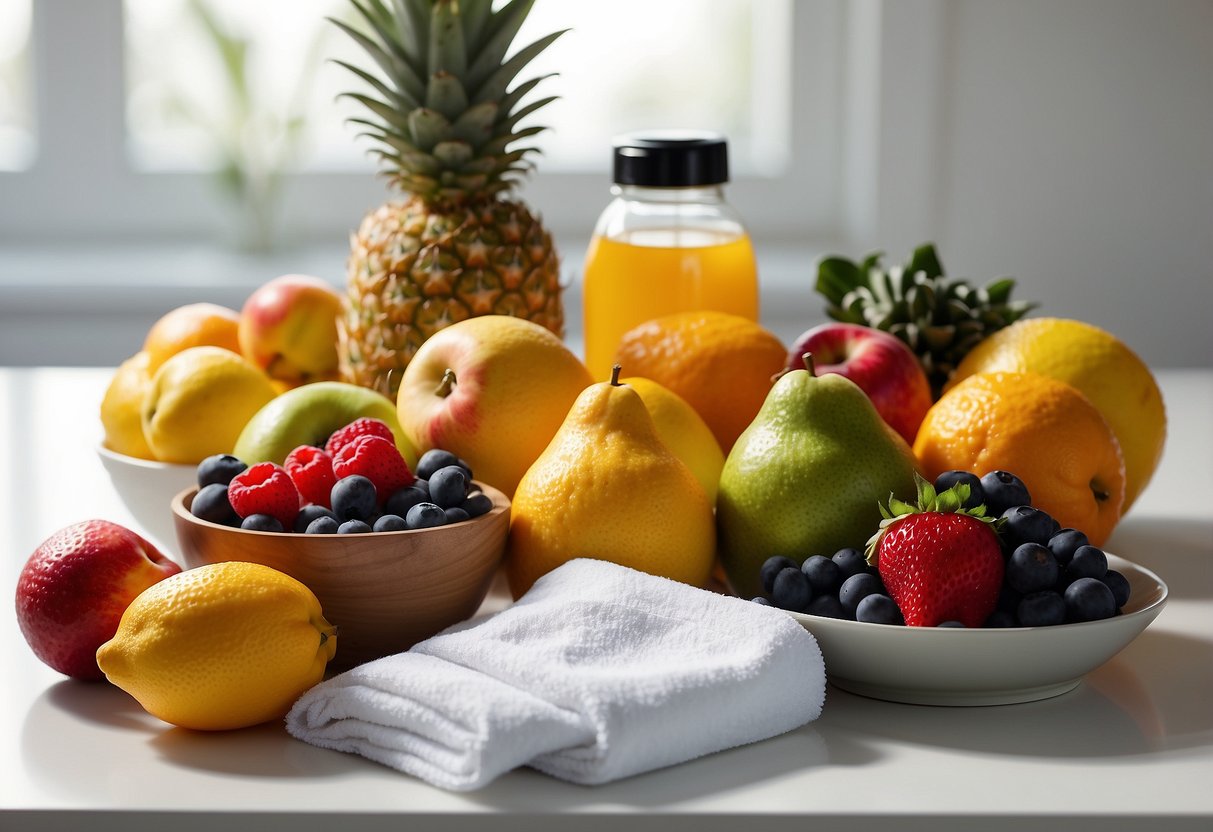 A variety of fresh fruits arranged on a clean, white surface. A water bottle and workout towel nearby. Bright, natural lighting illuminates the scene