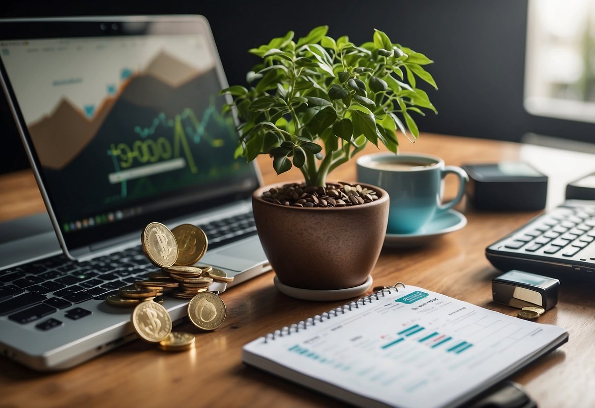 A laptop surrounded by various items representing passive income ideas, such as a stack of books, a piggy bank, a plant growing money, and a chart showing investment growth