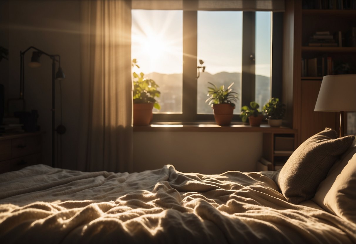 A cozy room with a bed, desk, and chair. A sign on the door reads "Rent Me." Sunlight streams in through the window, casting a warm glow on the space