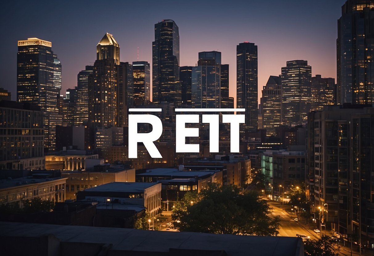 A bustling city skyline with various commercial properties, apartments, and office buildings. A "REIT" sign prominently displayed on a high-rise building