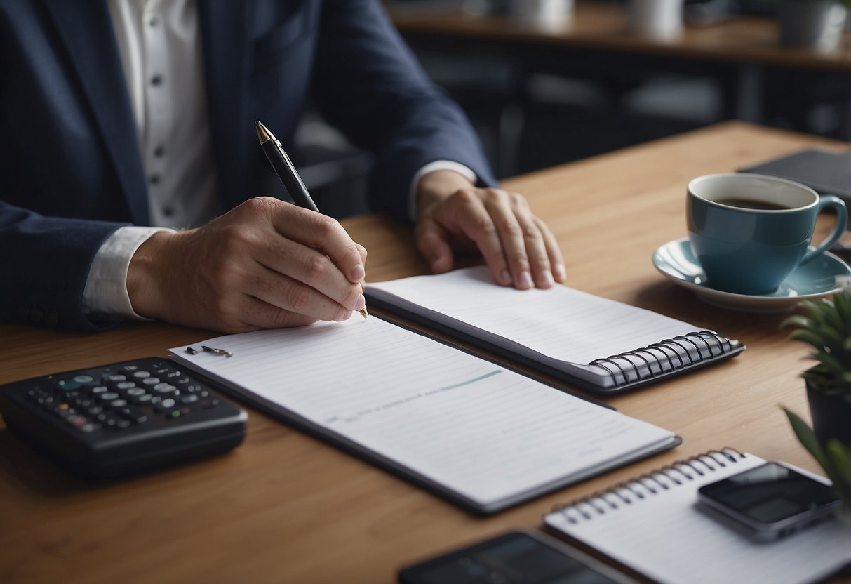 A person sits at a desk, surrounded by various options for passive income. They are considering different ideas and making notes on a notepad