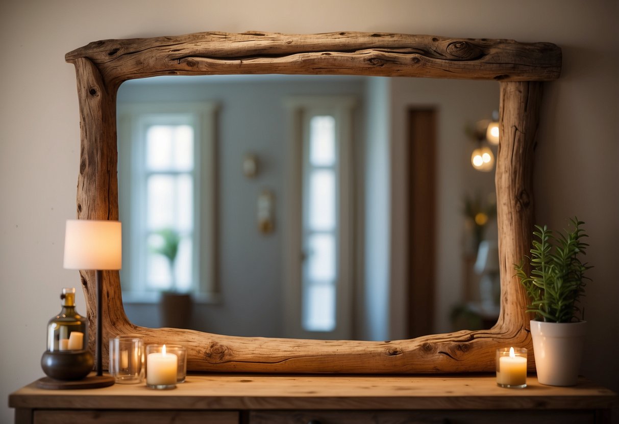 A driftwood mirror hangs on a wall, reflecting the warm glow of a cozy living space. The natural, rustic frame adds a touch of creativity to the room