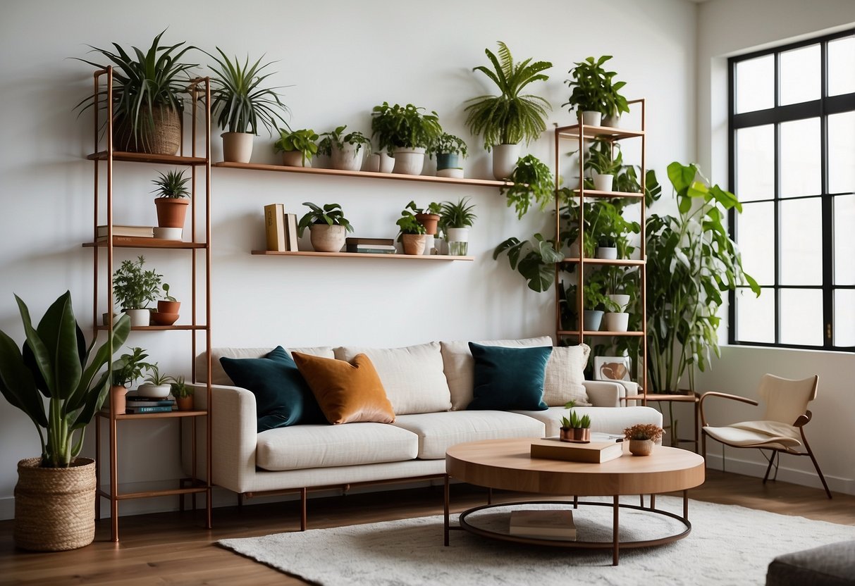 A modern living room with copper pipe shelving displaying various plants, books, and decorative items. The shelves are mounted on a white wall, creating a sleek and stylish look