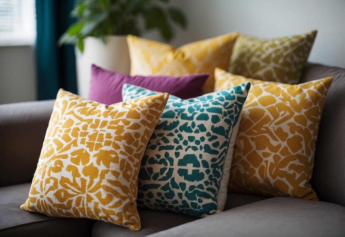 Colorful throw pillows with stenciled designs arranged on a cozy couch in a bright and modern living room