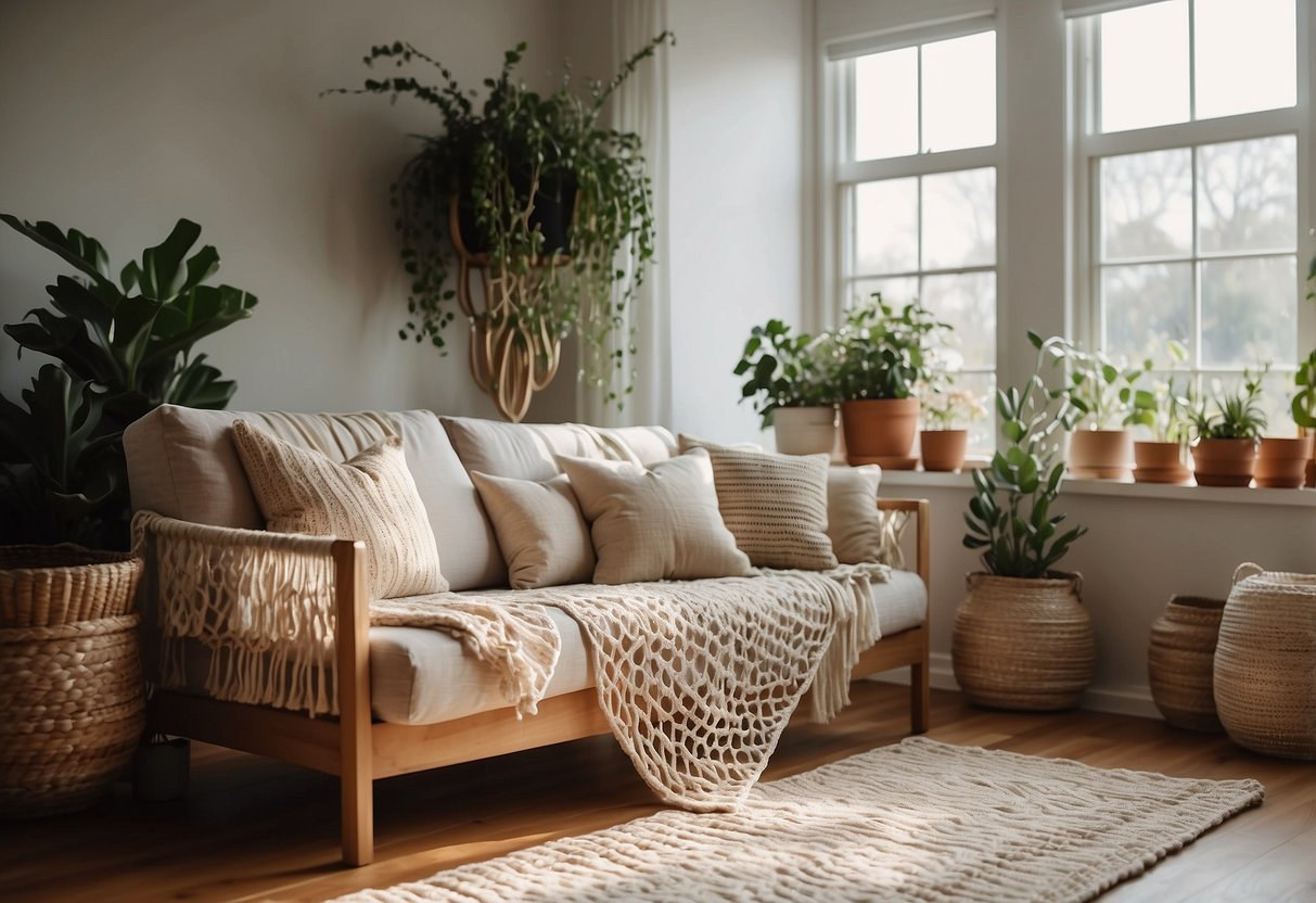 A cozy living room with handmade decor: macrame wall hangings, painted plant pots, and custom throw pillows. Natural light streams in through open windows, illuminating the inviting space