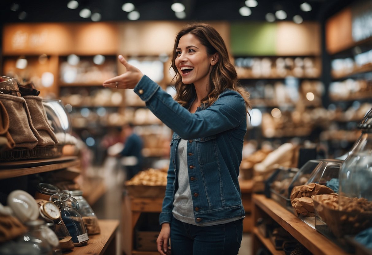 A person standing in front of a display of items, looking excited and reaching out to grab something impulsively. The background could include a store or marketplace setting