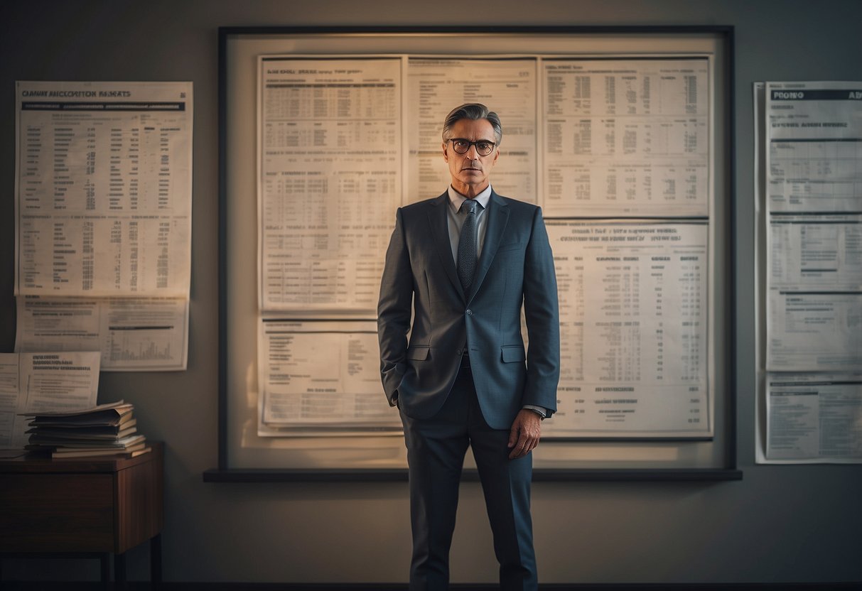 A person stands in front of a list of 11 common financial mistakes, with a determined look on their face. They are surrounded by various financial documents and charts, indicating the seriousness of the subject matter