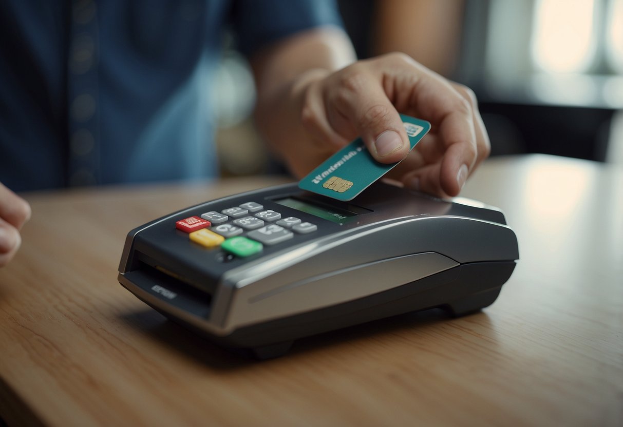 A person swiping a credit card to pay the minimum balance. The card is being inserted into a card reader or being swiped through a machine