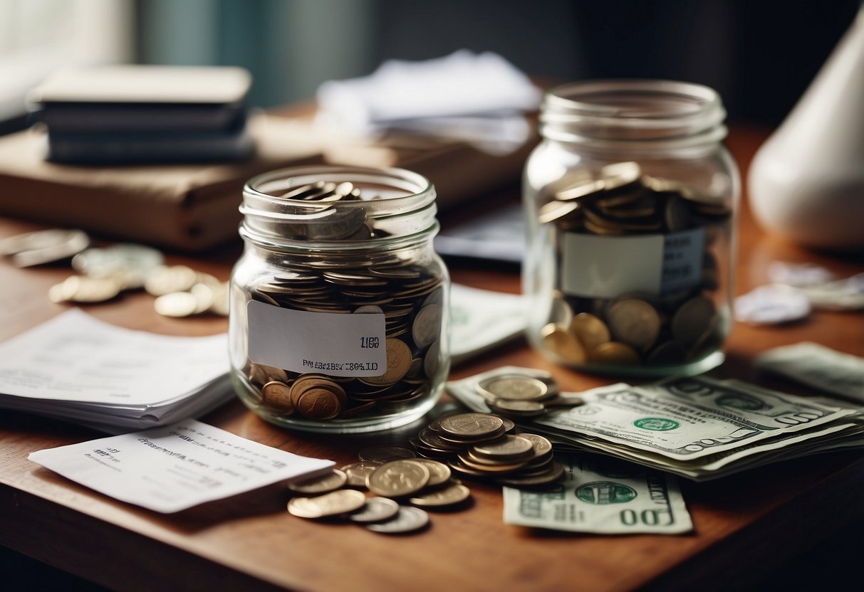 A pile of unpaid bills and credit card statements stack up on a cluttered desk, overshadowing a small jar of loose change