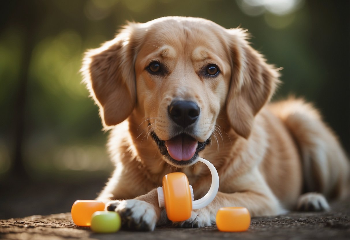 A dog eagerly licks a LickiMat Soother, with a contented expression and wagging tail, surrounded by other innovative pet products