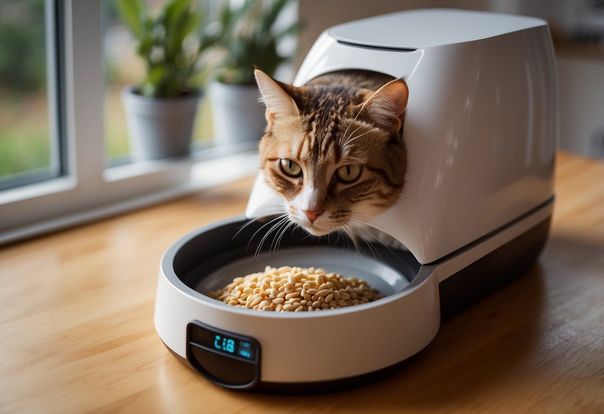 A cat approaches the SureFeed Microchip Pet Feeder. The feeder's lid is open, revealing a bowl of food inside. The cat's microchip activates the feeder, allowing it to eat