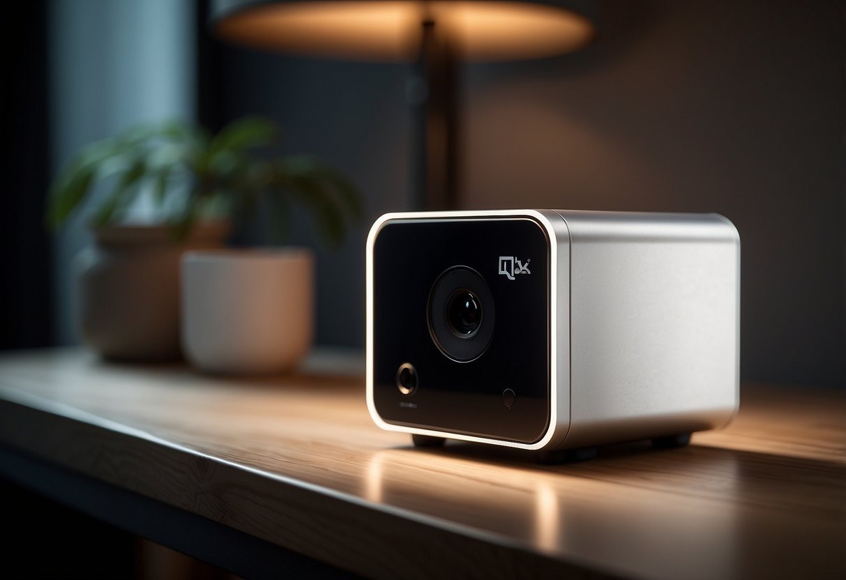 A sleek Petcube Play 2 sits on a shelf, streaming live video of a playful cat or dog. The camera's LED indicator glows softly in the dimly lit room