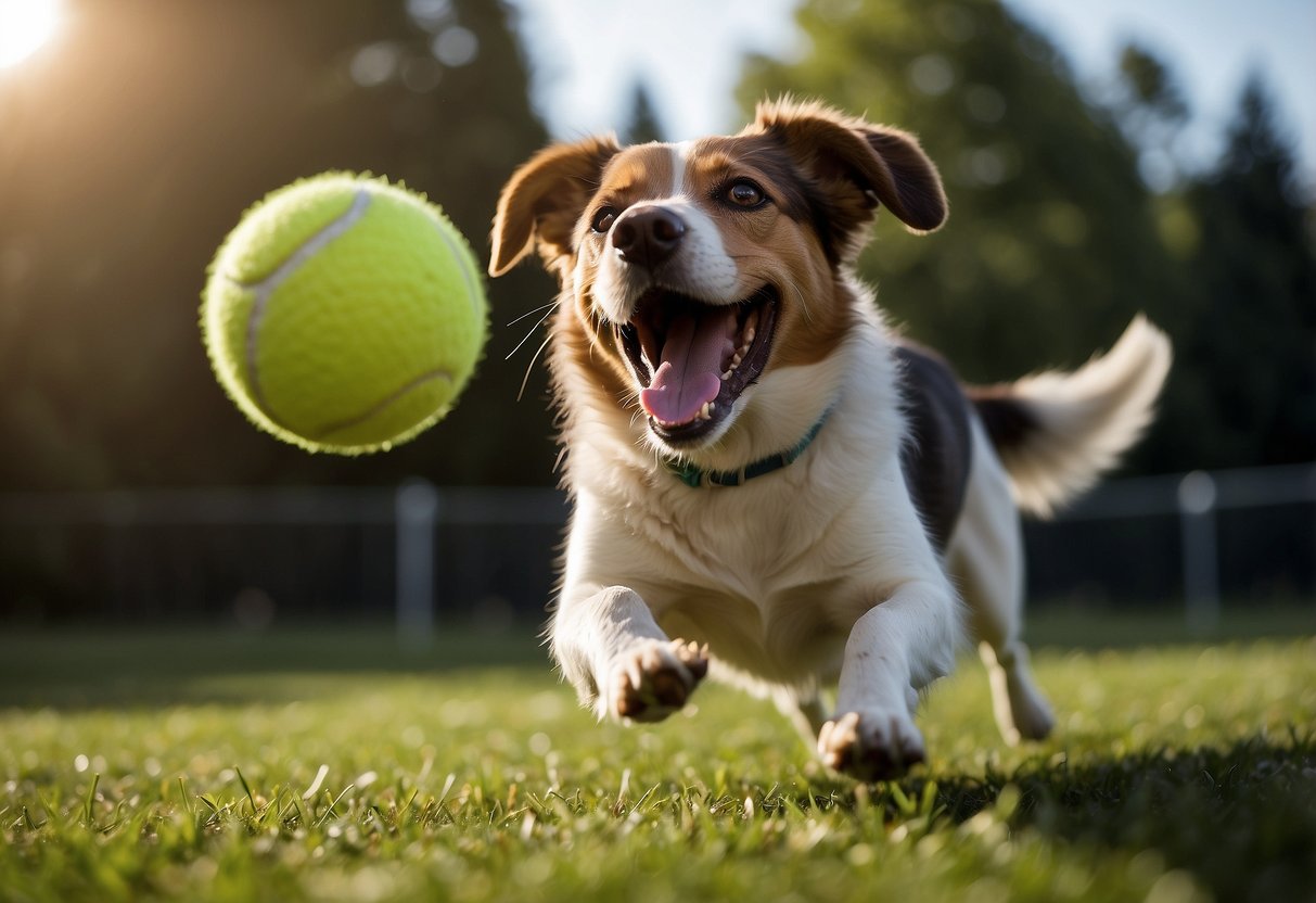 A happy dog eagerly awaits as the PetSafe Automatic Ball Launcher launches a tennis ball across the yard. The device sits on the grass, ready to entertain pets for hours