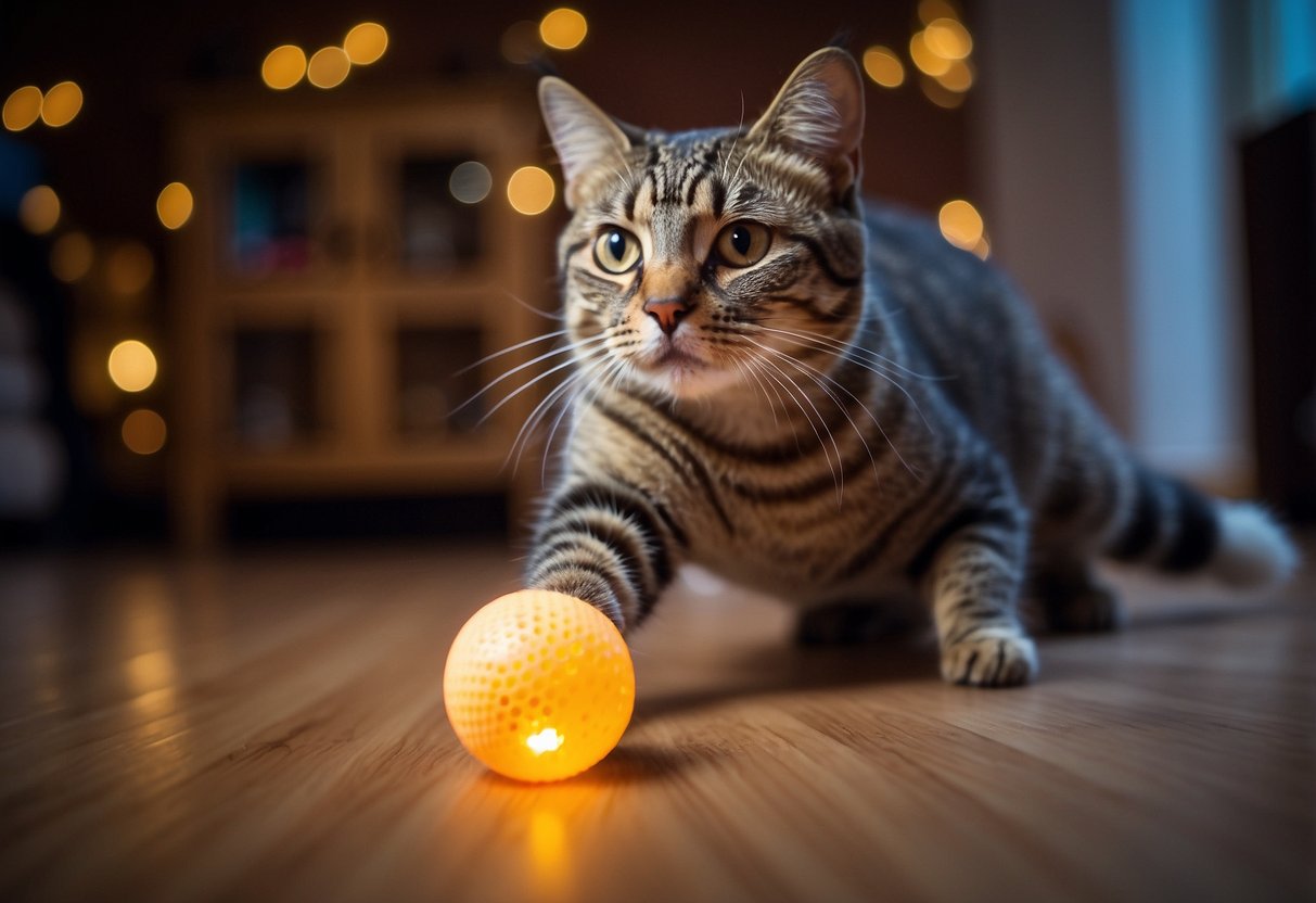 A playful cat bats at the Cheerble Ball, a colorful and interactive pet toy, as it rolls across the floor. The ball lights up and emits sounds, providing endless entertainment for the curious feline