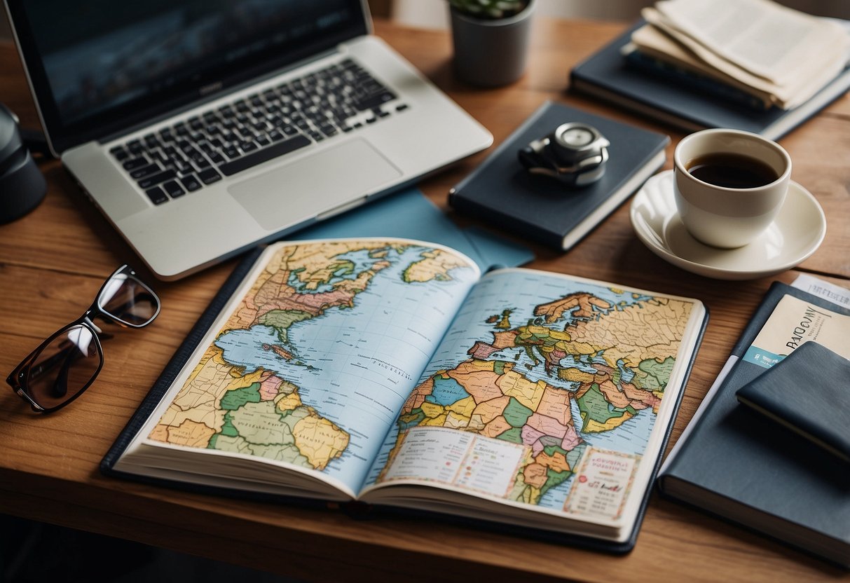 A map, passport, and notebook lie on a table, surrounded by travel guides and a laptop. A calendar with dates circled hangs on the wall