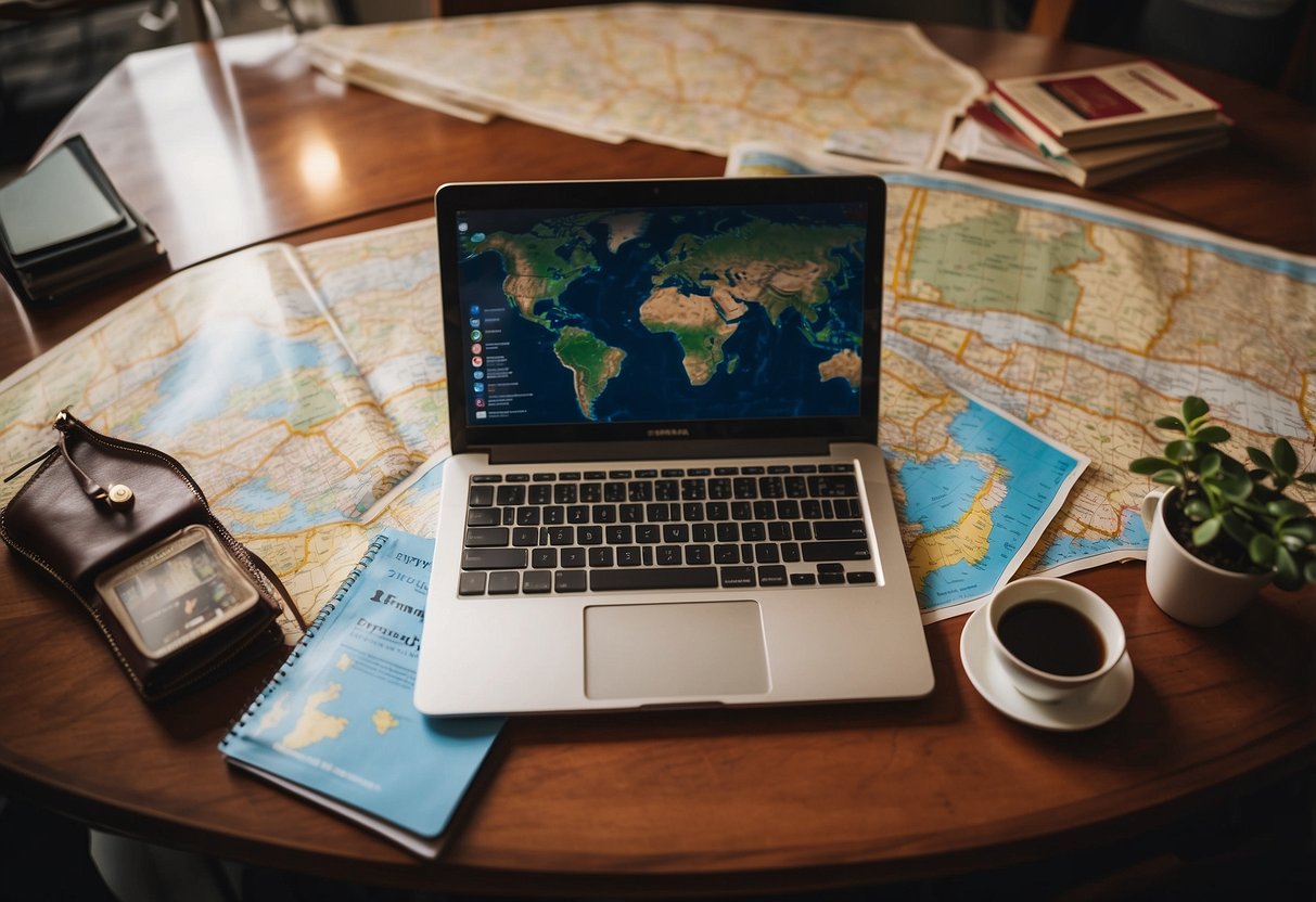 A laptop open on a desk, surrounded by travel guides and a map. A reliable internet source connects to the laptop, displaying "10 Tips for Planning the Perfect Solo Trip."