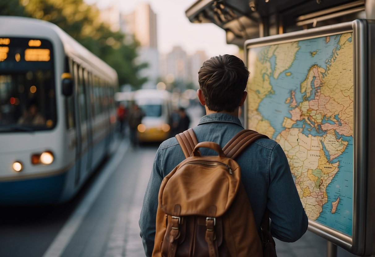 A traveler boards a reliable mode of transportation, surrounded by various options. Signs and maps guide the way, ensuring a seamless solo journey