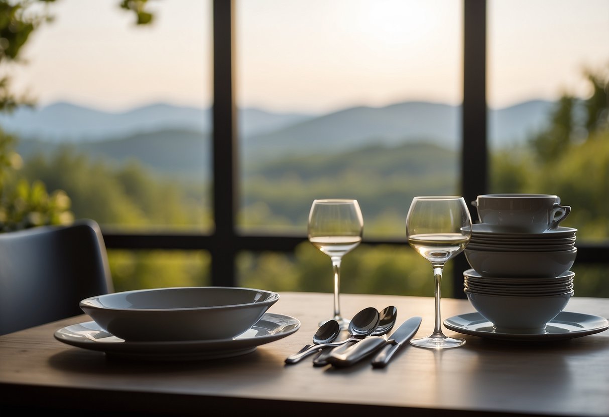 A table set for one with a single place setting, a book or map, and a serene view out the window