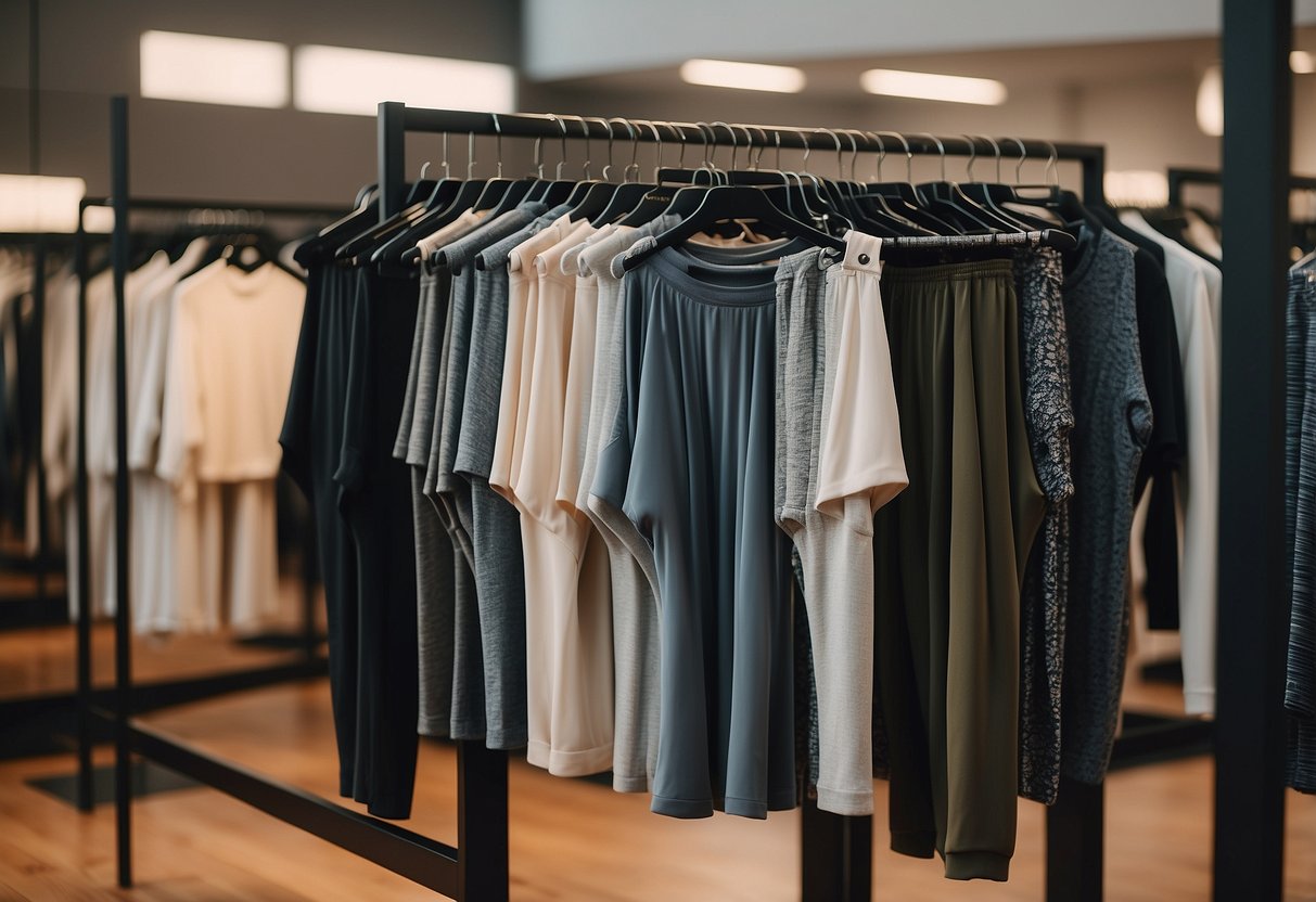 A pair of Lululemon Align Pants displayed on a sleek, modern clothing rack surrounded by other stylish activewear pieces