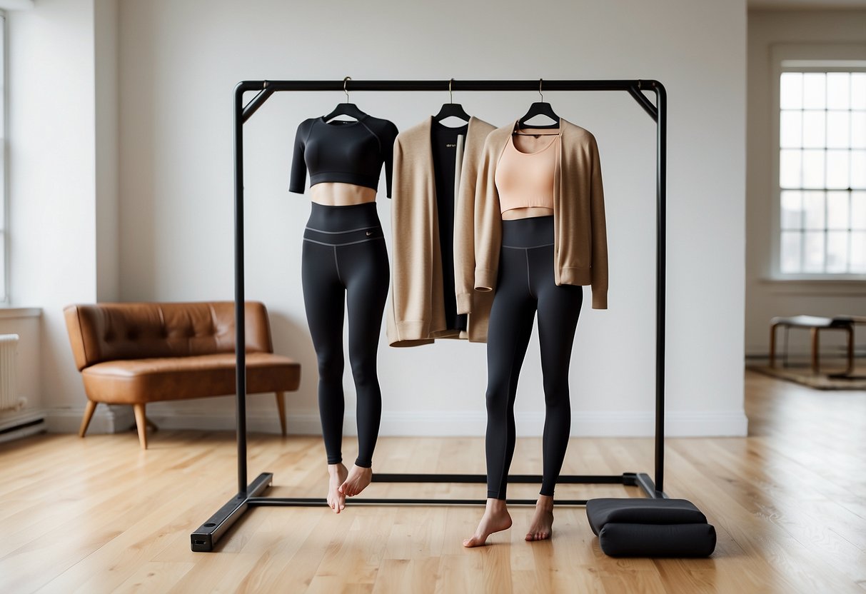 Alo Yoga High-Waist Airlift Leggings displayed on a sleek, modern clothing rack with other stylish activewear pieces in a well-lit, minimalist setting