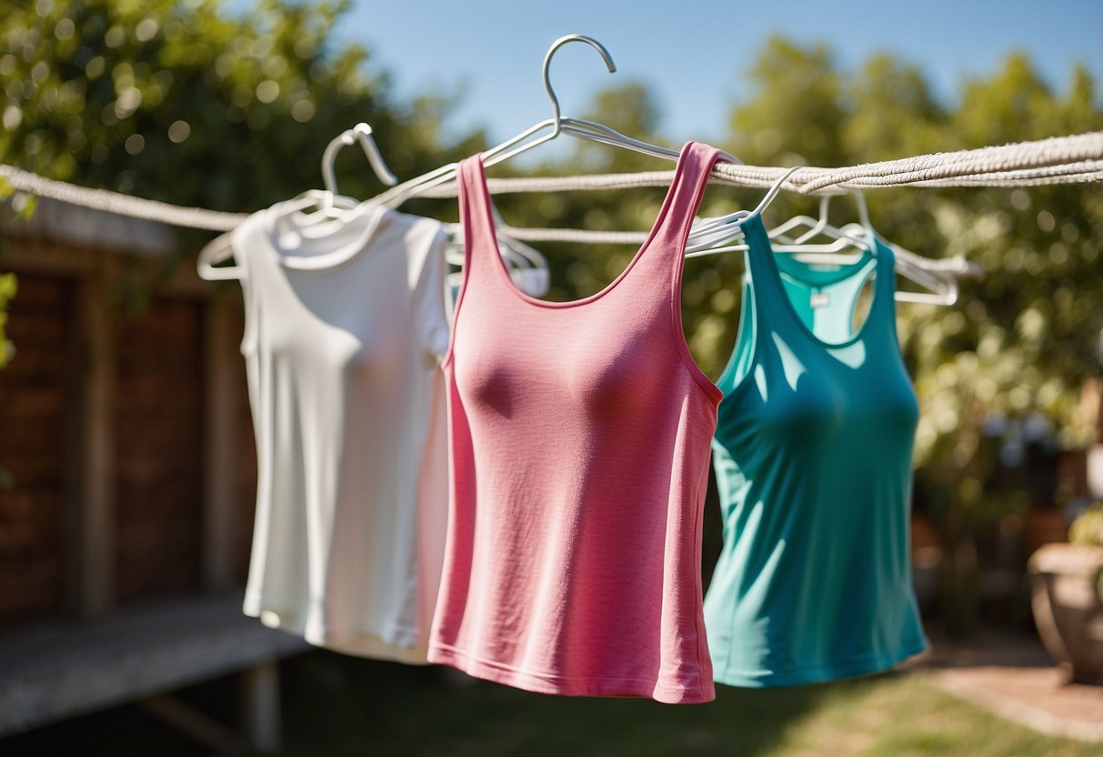 A woman's TechSweat Crop top hangs on a clothesline in a sunny backyard, surrounded by other stylish activewear pieces. The scene is vibrant and inviting, with lush greenery and a clear blue sky