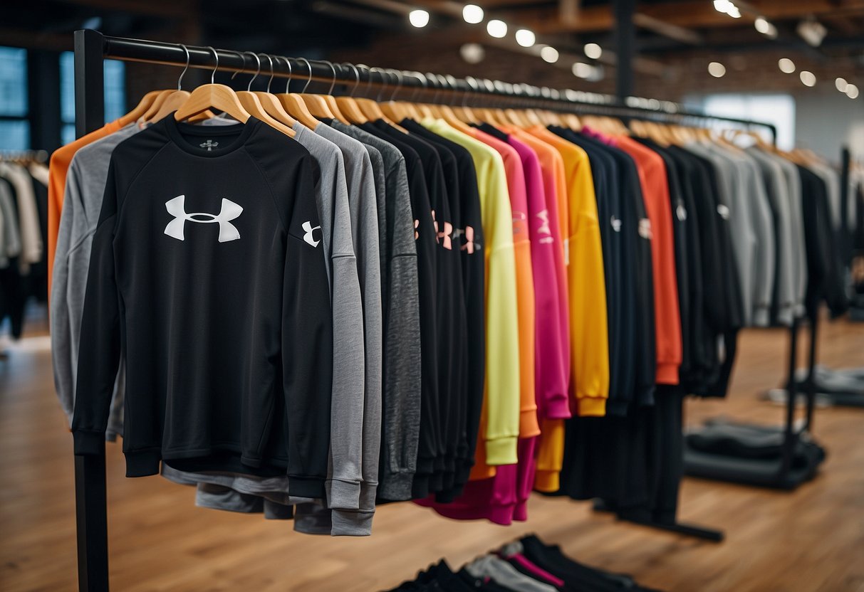 A pair of Under Armour HeatGear Armour Leggings displayed on a modern, minimalist clothing rack surrounded by other stylish activewear pieces