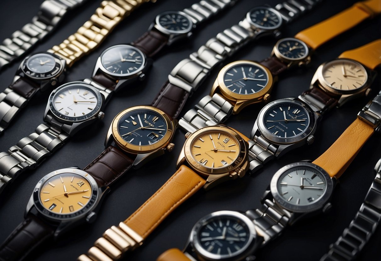 A display of 10 stylish branded wristwatches arranged on a sleek and modern backdrop, showcasing their unique designs and luxurious details