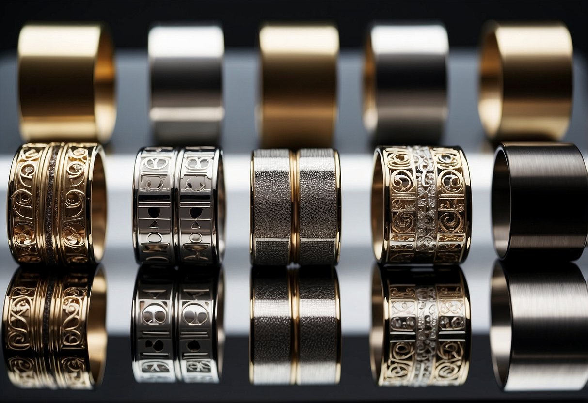 A collection of bold cuff bracelets arranged on a sleek, modern display. Light reflects off the polished metal, showcasing their intricate designs