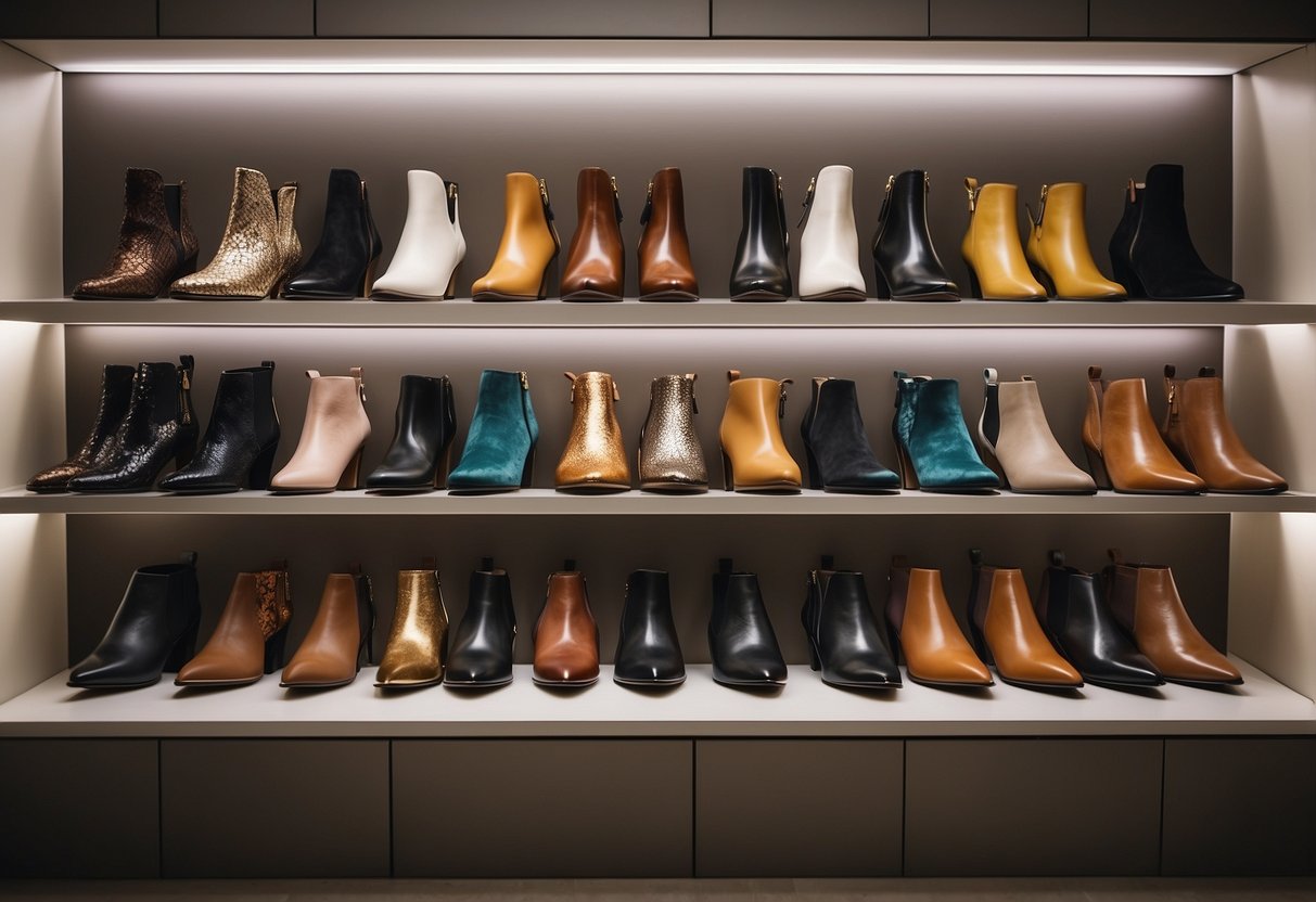 A row of elegant ankle boots arranged on a sleek display shelf, surrounded by various stylish accessories like scarves, belts, and jewelry