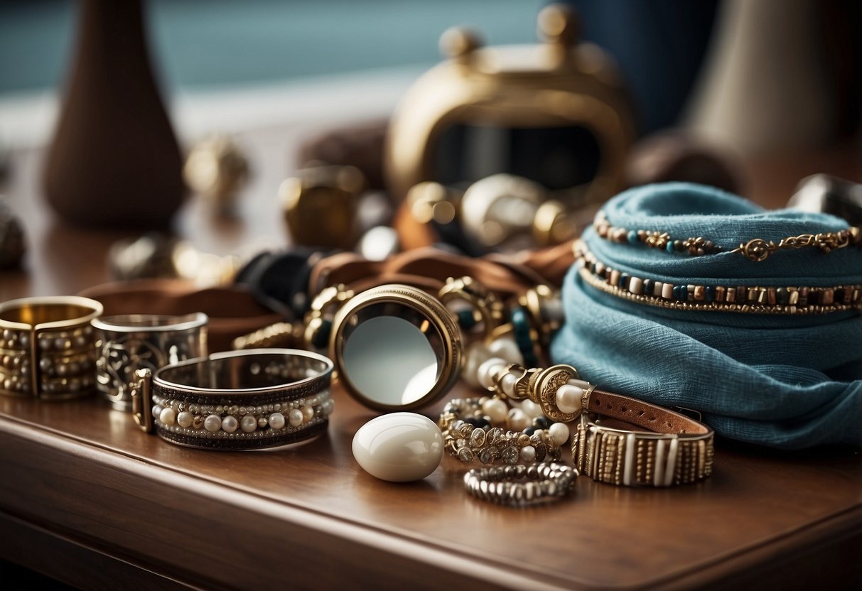 A table with various accessories laid out neatly, including scarves, belts, hats, and jewelry. A mirror reflects the items, showing their potential to elevate style