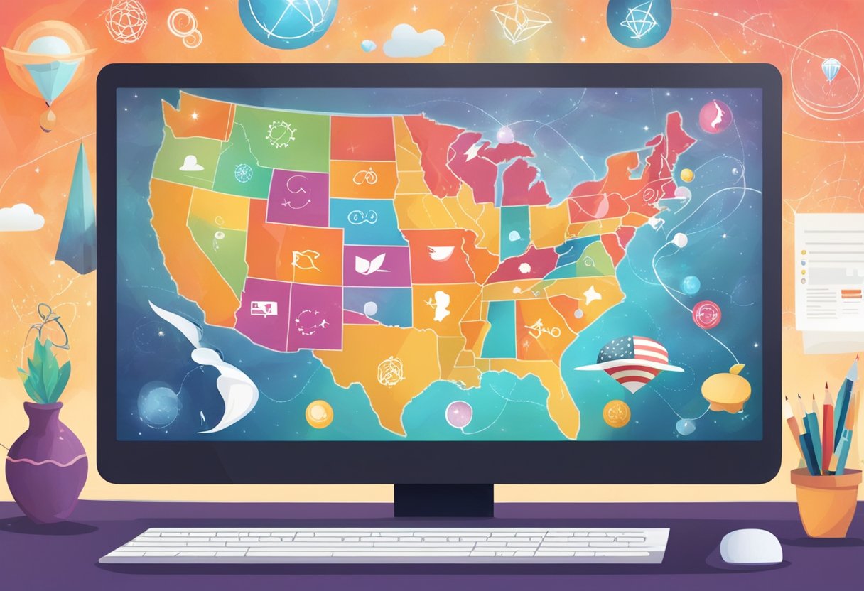 A computer screen displaying an online business school's website with a map of the USA and a graduation cap icon