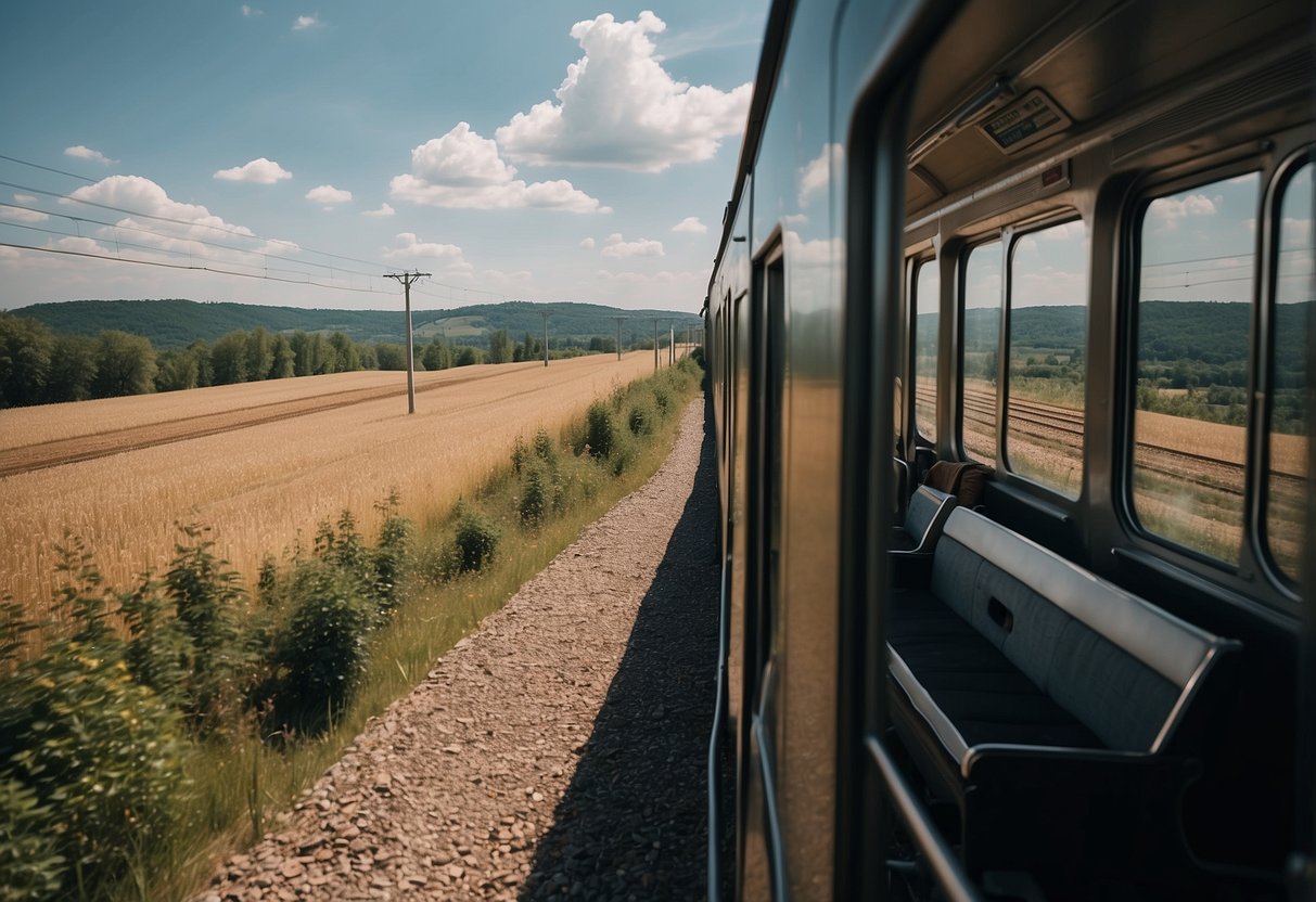A train traveling from Berlin to Budapest with a scenic view of the countryside and comfortable accommodations
