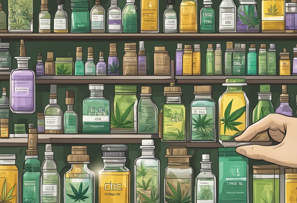 A hand reaches for a vial labeled "THC oil" in a Dubai market. The vial is surrounded by other cannabis products on a shelf