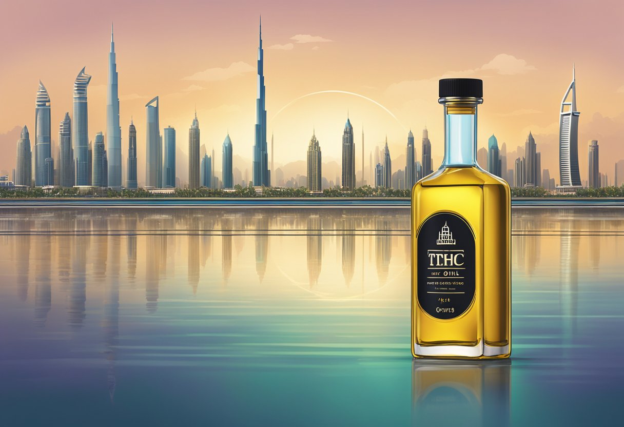 A bottle of THC oil sits on a sleek Dubai skyline backdrop