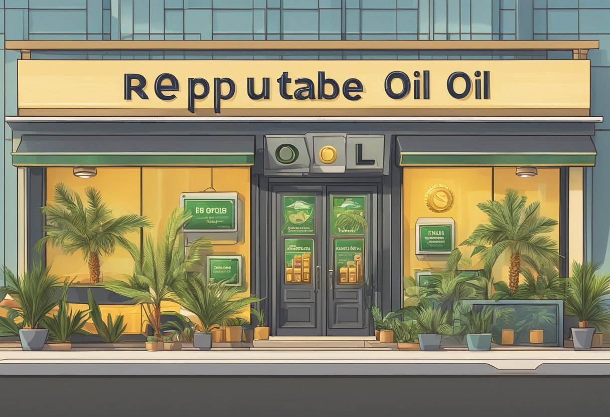 A storefront sign in Dubai reads "Reputable THC Oil Source." Customers enter confidently