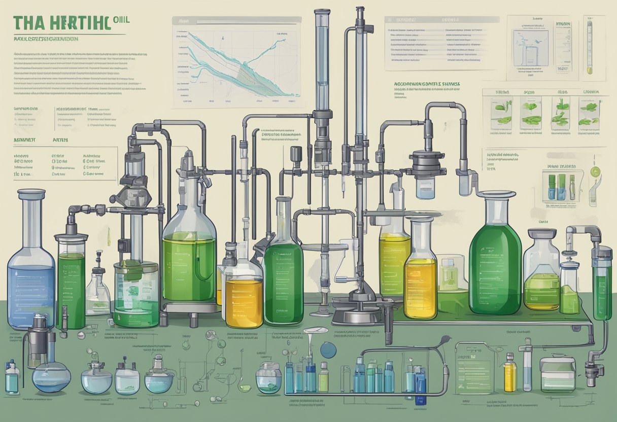 A lab table with THC oil bottles labeled with concentrations and strain names, surrounded by scientific equipment and charts