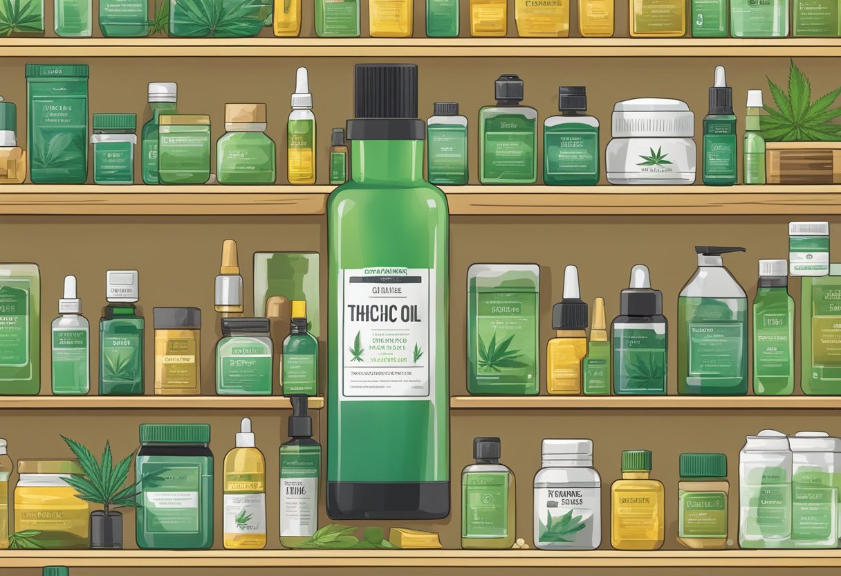 A bottle of THC oil sits on a clean, organized shelf. A label with usage and storage tips is prominently displayed. The bottle is surrounded by other cannabis products