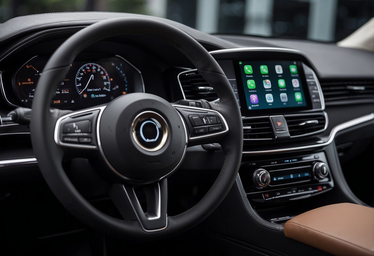 A sleek car dashboard with a large double din display featuring Apple Carplay interface, surrounded by modern interior