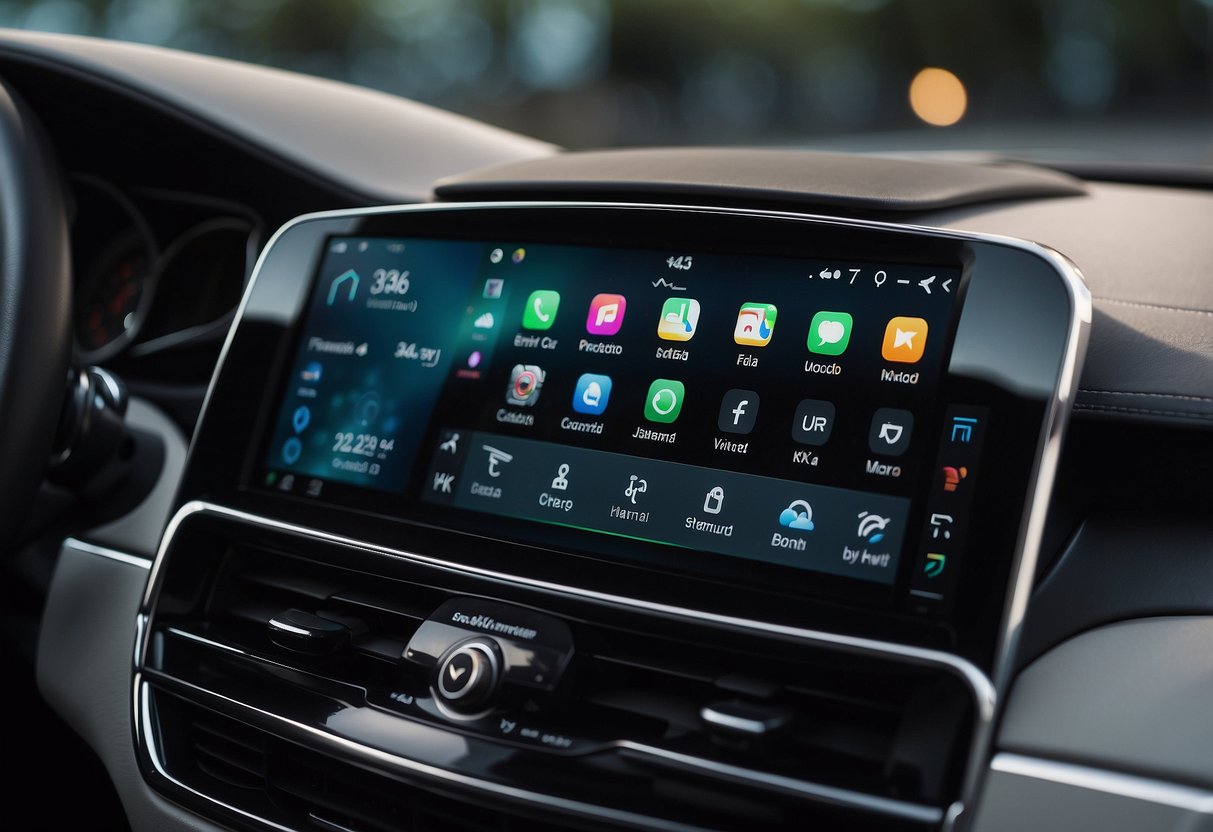 A sleek, modern car dashboard with a large touchscreen displaying the Apple CarPlay interface, seamlessly integrated into the vehicle's design