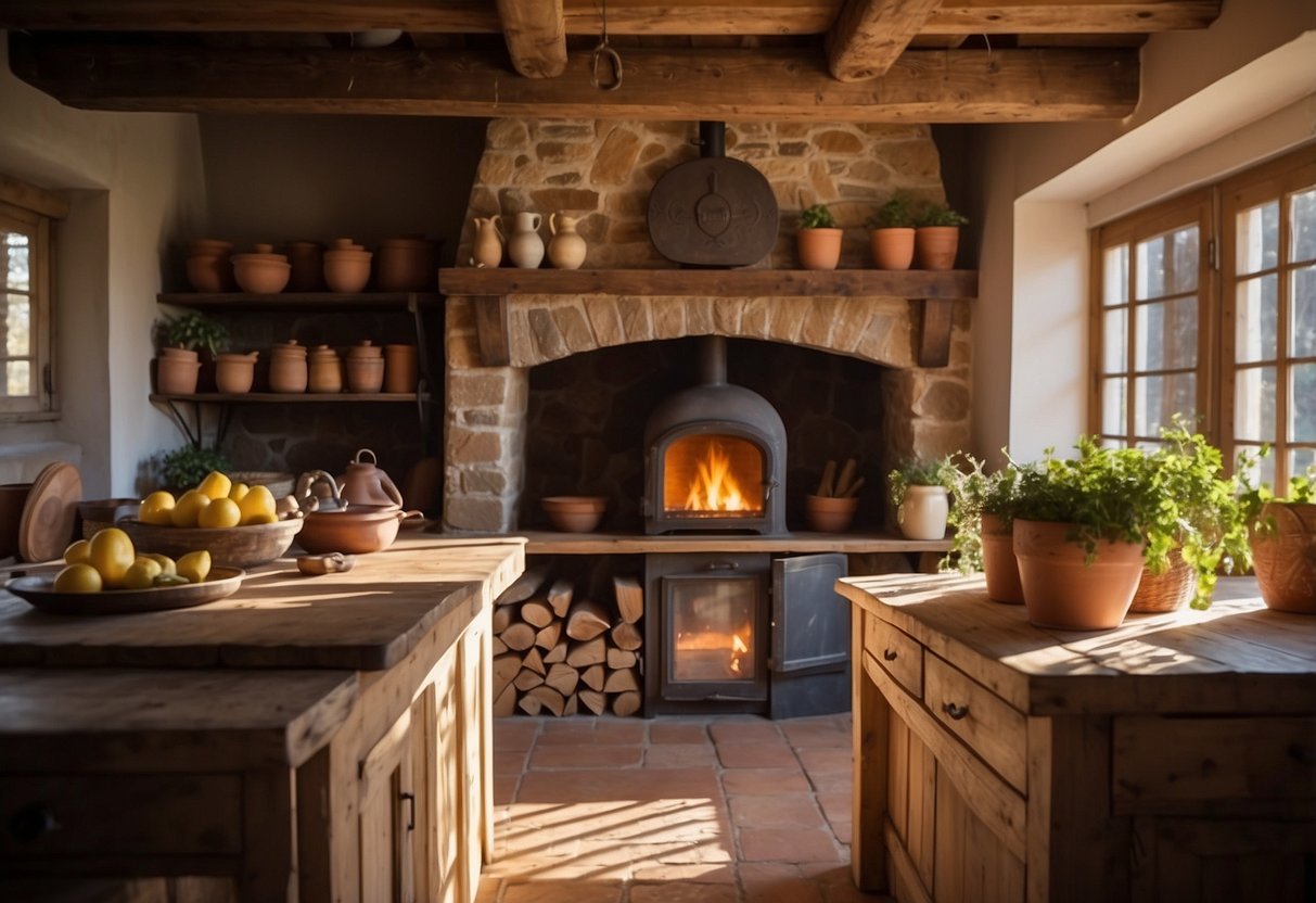 A cozy French country kitchen with a rustic wooden table, hanging copper pots, and a large stone fireplace. Sunlight streams in through a window, casting a warm glow over the charming space