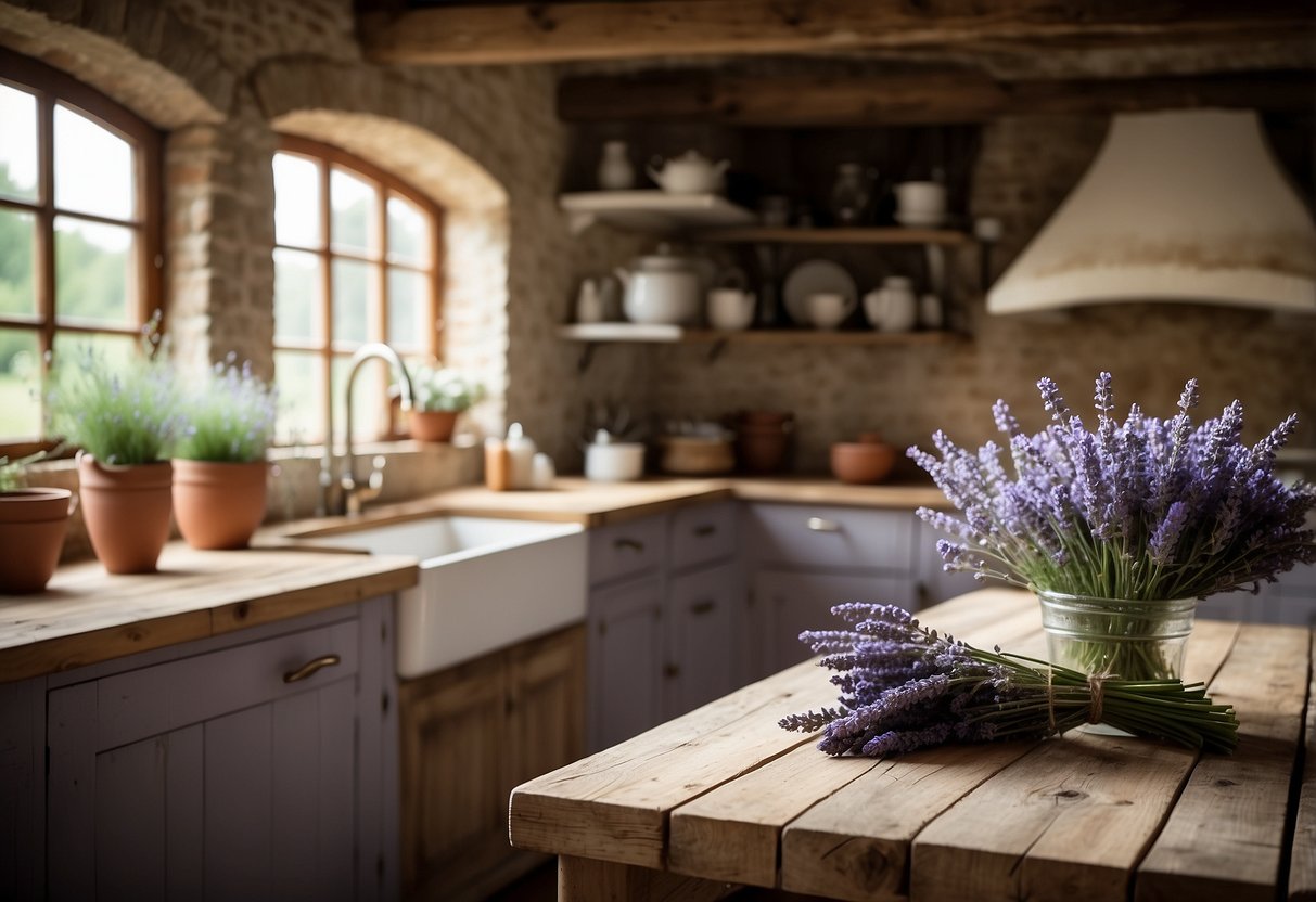 A charming French country kitchen with rustic wooden beams, a farmhouse sink, and a bouquet of lavender on a weathered table