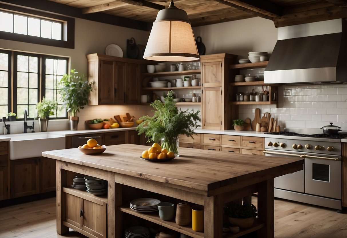 A spacious, rustic kitchen with a large farmhouse sink, open shelving, and a central island for food prep and casual dining