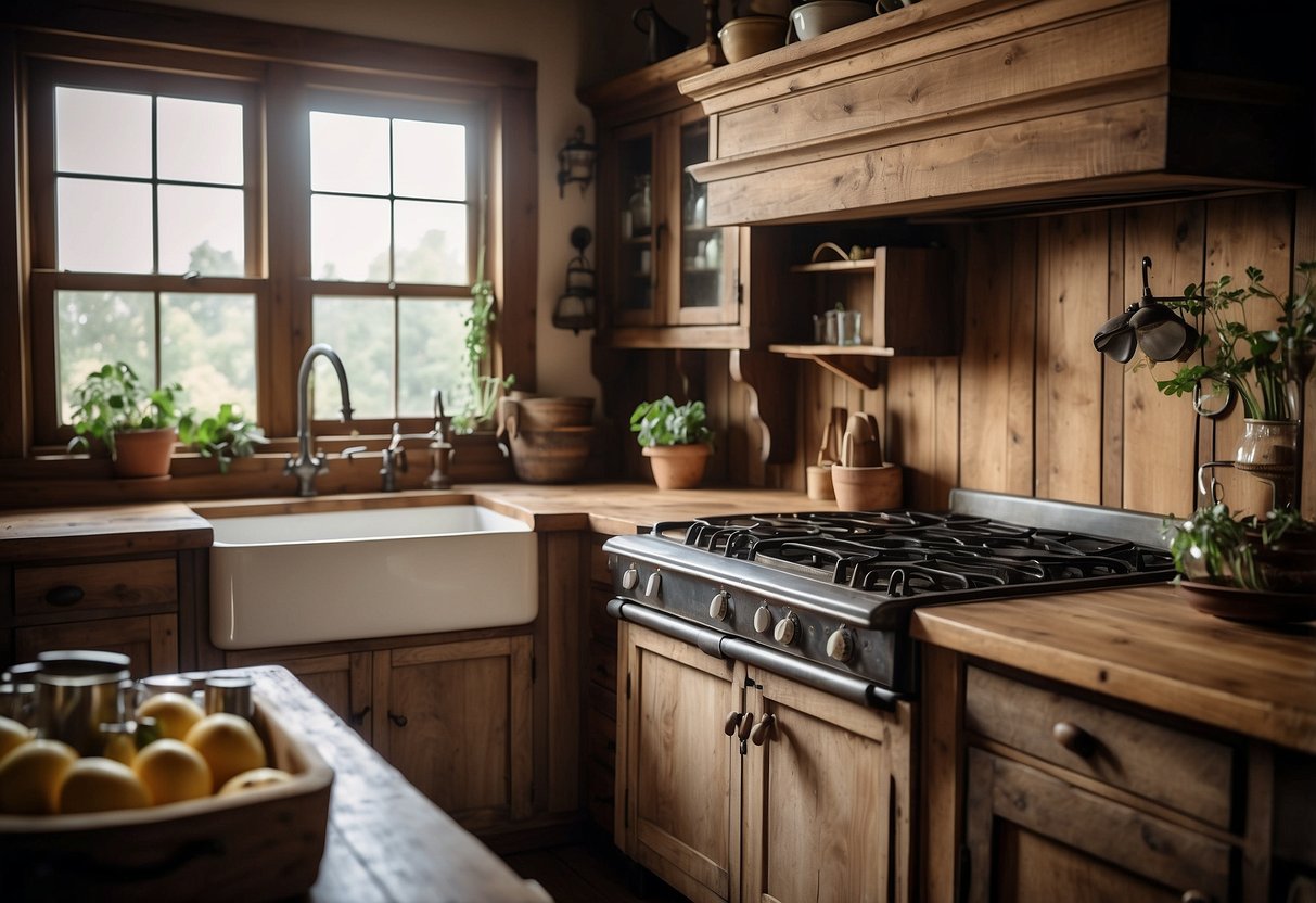 A rustic kitchen with a large farmhouse sink, distressed wooden cabinets, a vintage stove, and a wrought iron chandelier