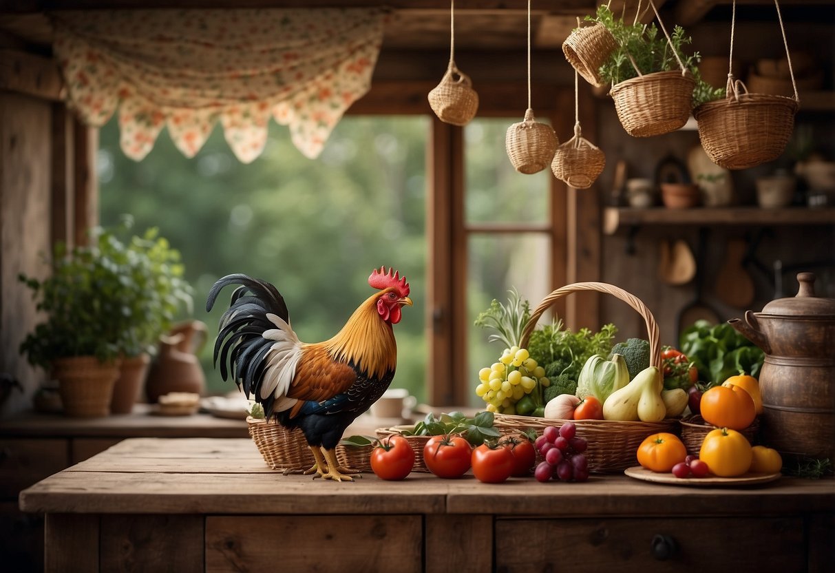 A rustic kitchen with floral curtains, hanging pots, and vintage utensils on a wooden table. A rooster figurine and a basket of fresh produce add charm
