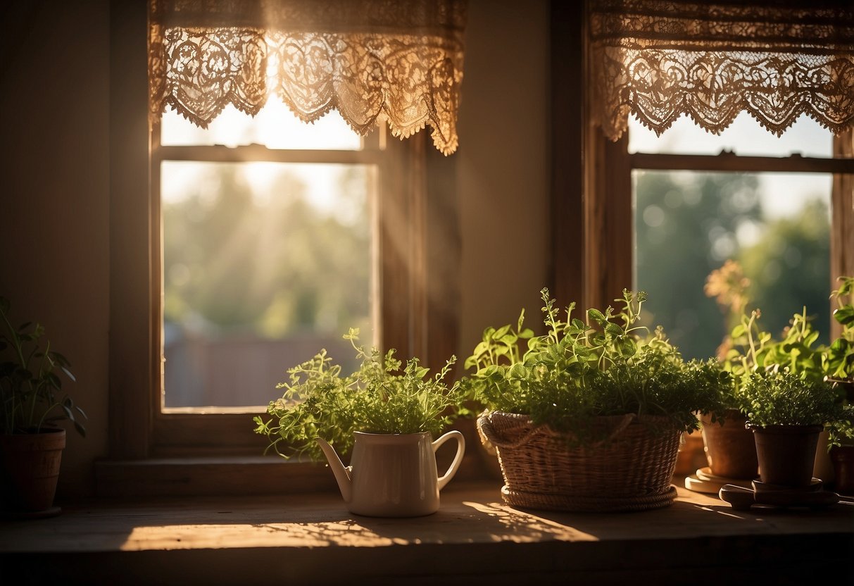 The warm glow of sunlight streams through the lace curtains, casting soft shadows on the rustic wooden table and vintage copper cookware. A bouquet of fresh herbs sits on the windowsill, infusing the air with a fragrant aroma