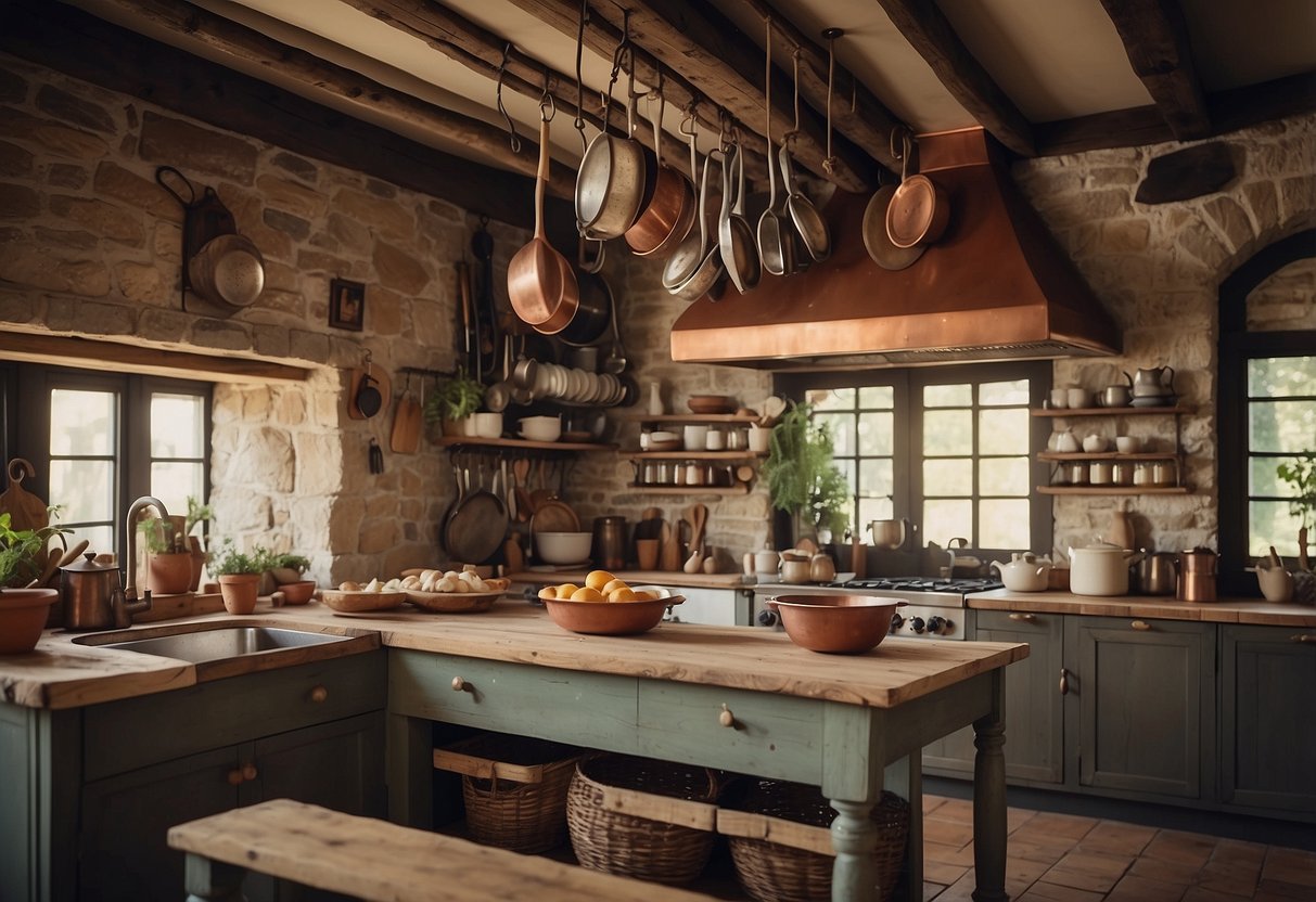 A rustic French country kitchen with weathered wood, stone countertops, and vintage copper cookware hanging from a ceiling rack