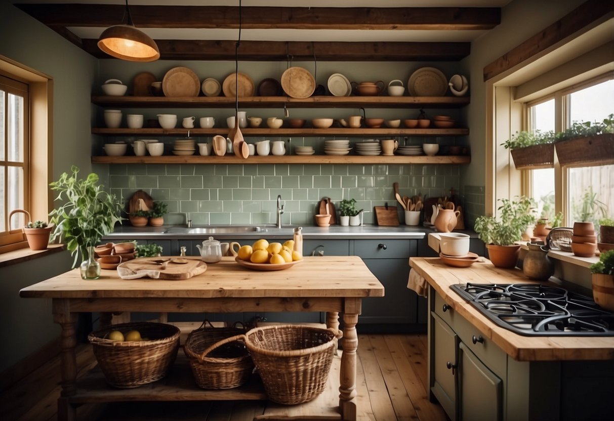 A rustic kitchen with open shelves, hanging pots, and baskets for storage. A large wooden island with a butcher block top and vintage kitchenware on display
