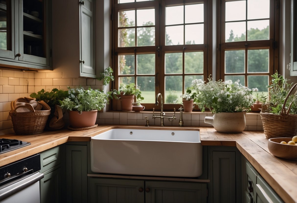 A cozy French country kitchen with rustic wooden cabinets, a farmhouse sink, and a large window overlooking a lush garden