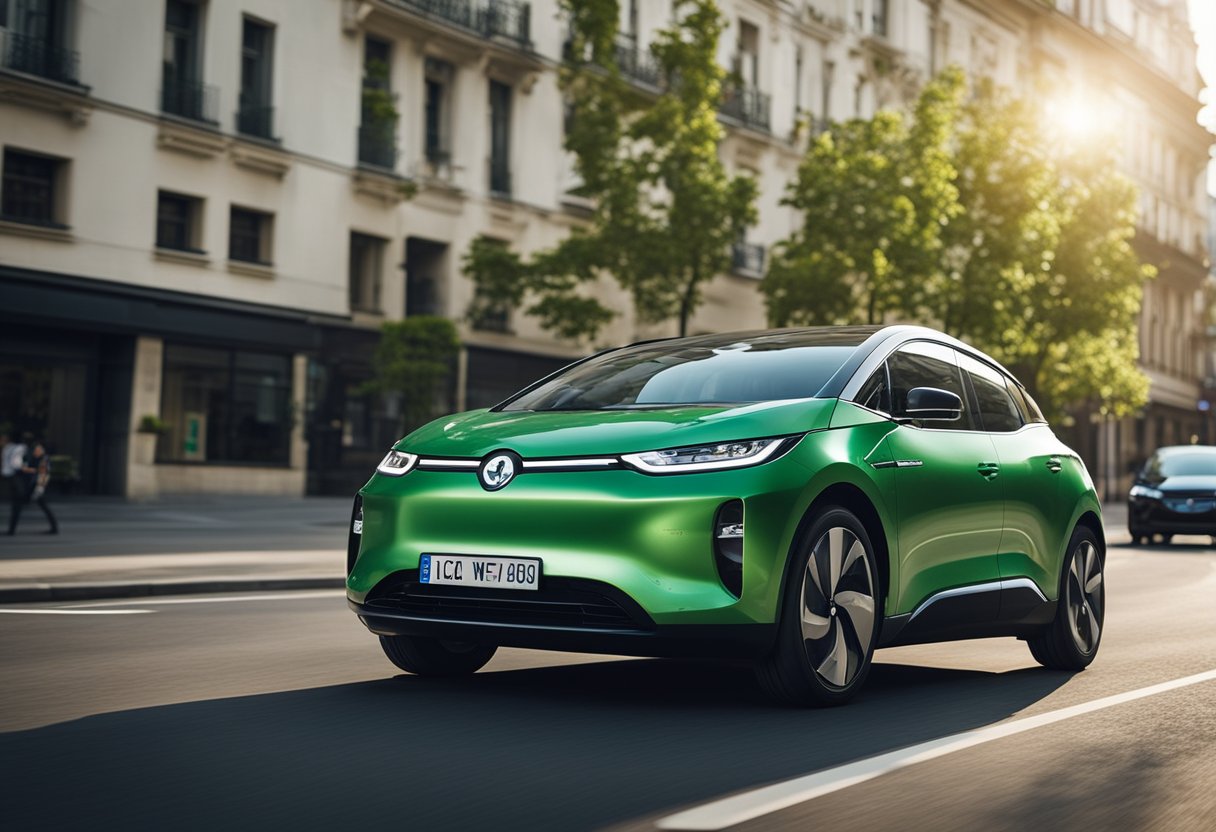 An eco-car driving through a city, with clean air and greenery. Different types of eco-cars, such as electric and hybrid, are shown